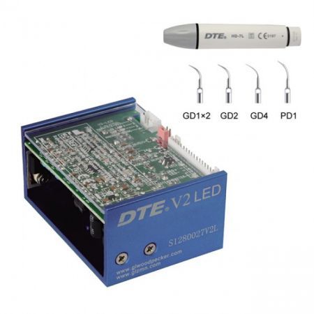 Woodpecker DTE-V2 LED - встраиваемый ультразвуковой скалер с фиброоптикой, герметичный съемный наконечник, 5 насадок в комплекте